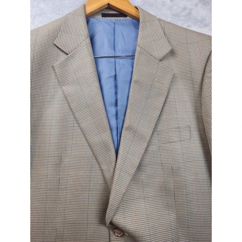 Alan Flusser Beige Houndstooth Plaid Windowpane Men 42R Blazer Sport Coat Jacket